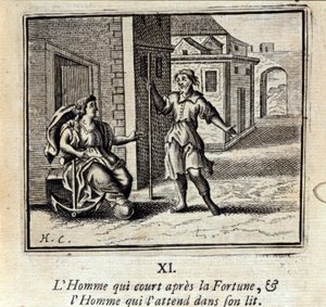 Mies, joka juoksee Fortunan perässä, ja mies, joka odottaa häntä sängyssä. Jean de La Fontainen (1621-95) sadut. Kuvitus: François Chauveau (1613-1676). Painos vuodelta 1728. tekijältä Francois Chauveau