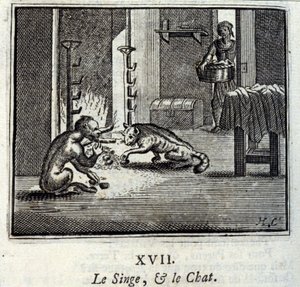 Apina ja kissa. Jean de La Fontainen (1621-95) sadut. Kuvitus: Francois Chauveau (1613-1676). Painos vuodelta 1728. tekijältä Francois Chauveau