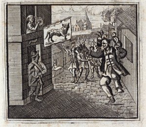 Apina ja leopardi. Jean de La Fontainen (1621-95) sadut. Kuvitus: Francois Chauveau (1613-1676). Painos vuodelta 1728. tekijältä Francois Chauveau