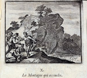 Vuori synnyttää. Jean de La Fontainen (1621-95) sadut. Kuvitus: Francois Chauveau (1613-1676). Painos vuodelta 1728. tekijältä Francois Chauveau
