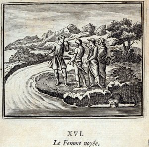 Noyee-nainen. Jean de La Fontainen (1621-95) sadut. Kuvitus: François Chauveau (1613-1676). Painos vuodelta 1728. tekijältä Francois Chauveau