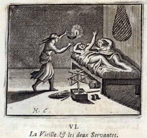 Vanha rouva ja kaksi palvelijaa. Jean de La Fontainen (1621-95) sadut. Kuvitus: François Chauveau (1613-1676). Painos vuodelta 1728. tekijältä Francois Chauveau