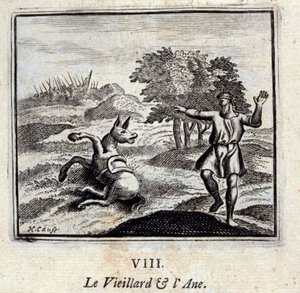 Vanha mies ja aasi. Jean de La Fontainen (1621-95) sadut. Kuvitus: François Chauveau (1613-1676). Painos vuodelta 1728. tekijältä Francois Chauveau