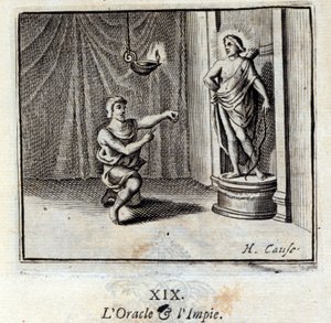 Oraakkeli ja jumalattomat. Jean de La Fontainen (1621-95) sadut. Kuvitus: Francois Chauveau (1613-1676). Painos vuodelta 1728. tekijältä Francois Chauveau