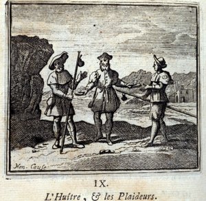 Osteri ja oikeudenkäyntihenkilöt. Jean de La Fontainen (1621-95) sadut. Kuvitus: François Chauveau (1613-1676). Painos vuodelta 1728. tekijältä Francois Chauveau