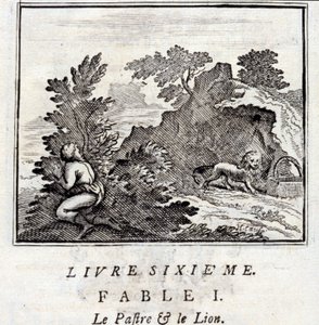 Patra ja leijona. Jean de La Fontainen (1621-95) sadut. Kuvitus: François Chauveau (1613-1676). Painos vuodelta 1728. tekijältä Francois Chauveau
