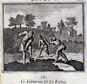 Ploureur ja hänen lapsensa. Jean de La Fontainen (1621-95) sadut. Kuvitus: Francois Chauveau (1613-1676). Painos vuodelta 1728. tekijältä Francois Chauveau