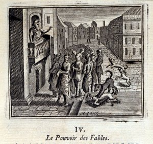 Tarinoiden voima. Jean de La Fontainen (1621-95) sadut. Kuvitus: Francois Chauveau (1613-1676). Painos vuodelta 1728. tekijältä Francois Chauveau