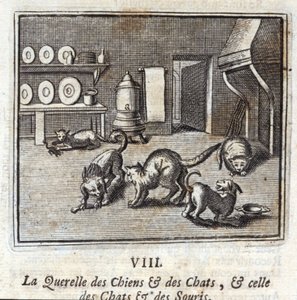 Koirien ja kissojen querelle sekä kissojen ja hiirten querelle. Jean de La Fontainen (1621-95) sadut. Kuvitus: François Chauveau (1613-1676). Painos vuodelta 1728. tekijältä Francois Chauveau