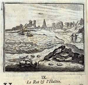 The Rat and the Oyer.Fables Jean de La Fontaine (1621-95). Kuvitus: Francois Chauveau (1613-1676). Painos vuodelta 1728. tekijältä Francois Chauveau