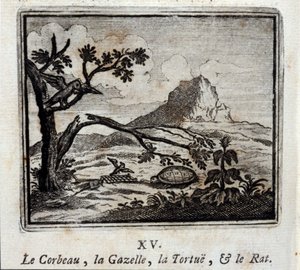 Korppi, gaselli, kilpikonna ja rotta. Jean de La Fontainen (1621-95) sadut. Kuvitus: François Chauveau (1613-1676). Painos vuodelta 1728.