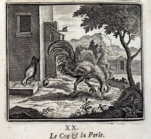 Kukko ja helmi. Jean de La Fontainen (1621-95) sadut. Kuvitus: François Chauveau (1613-1676). Painos vuodelta 1728.