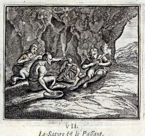 Satyyri ja matkustaja. Jean de La Fontainen (1621-95) sadut. Kuvitus: François Chauveau (1613-1676). Painos vuodelta 1728. tekijältä Francois Chauveau