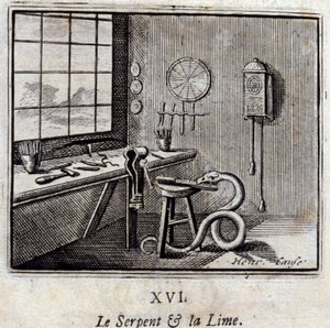 Käärme ja kalkki. Jean de La Fontainen (1621-95) tarinoita. Kuvitus: Francois Chauveau (1613-1676). Painos vuodelta 1728. tekijältä Francois Chauveau