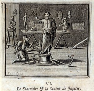 Patsas ja Jupiterin patsas. Jean de La Fontainen (1621-95) sadut. Kuvitus: François Chauveau (1613-1676). Painos vuodelta 1728. tekijältä Francois Chauveau