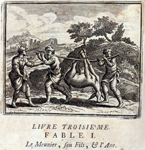 Sucker hänen poikansa ja aasi. Jean de La Fontainen (1621-95) sadut. Kuvitus: François Chauveau (1613-1676). Painos vuodelta 1728. tekijältä Francois Chauveau