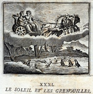 Aurinko ja sammakot. Jean de La Fontainen (1621-95) sadut. Kuvitus: François Chauveau (1613-1676). Painos vuodelta 1728. tekijältä Francois Chauveau
