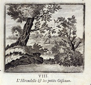 Pääskynen ja pienet linnut. Jean de La Fontainen (1621-95) sadut. Kuvitus: François Chauveau (1613-1676). Painos vuodelta 1728. tekijältä Francois Chauveau