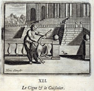 Joutsen ja kokki. Jean de La Fontainen (1621-95) sadut. Kuvitus: Francois Chauveau (1613-1676). Painos vuodelta 1728. tekijältä Francois Chauveau