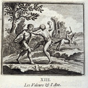 Jean de La Fontainen (1621-95) The Thieves and the Ane.Fables. Kuvitus: Francois Chauveau (1613-1676). Painos vuodelta 1728. tekijältä Francois Chauveau