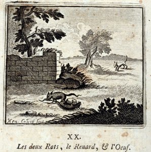 Kaksi rotta, kettu ja muna. Jean de La Fontainen (1621-95) sadut. Kuvitus: François Chauveau (1613-1676). Painos vuodelta 1728.