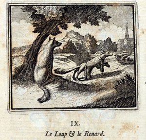Susi ja kettu. Jean de La Fontainen (1621-95) sadut. Kuvitus: François Chauveau (1613-1676). Painos vuodelta 1728. tekijältä Francois Chauveau