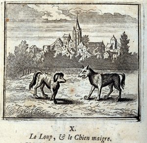 Susi ja laiha koira. Jean de La Fontainen (1621-95) sadut. Kuvitus: François Chauveau (1613-1676). Painos vuodelta 1728.