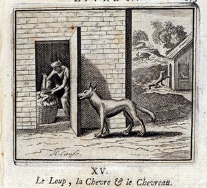 Susi, vuohi ja vuohi. Jean de La Fontainen (1621-95) sadut. Kuvitus: François Chauveau (1613-1676). Painos vuodelta 1728.