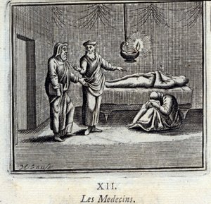 Lääkärit. Jean de La Fontainen (1621-95) sadut. Kuvitus: François Chauveau (1613-1676). Painos vuodelta 1728. tekijältä Francois Chauveau