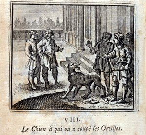 Leikkasimme koiralta korvat pois. Jean de La Fontainen (1621-95) sadut. Kuvitus: François Chauveau (1613-1676). Painos vuodelta 1728. tekijältä Francois Chauveau