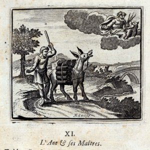Aasi ja hänen isäntänsä. Jean de La Fontainen (1621-95) sadut. Kuvitus: François Chauveau (1613-1676). Painos vuodelta 1728. tekijältä Francois Chauveau