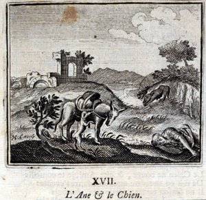 Aasi ja koira. Jean de La Fontainen (1621-95) sadut. Kuvitus: François Chauveau (1613-1676). Painos vuodelta 1728.
