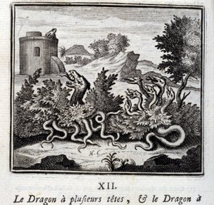 Lohikäärmeellä on useita päitä ja lohikäärmeellä useita häntää. Jean de La Fontainen (1621-95) sadut. Kuvitus: François Chauveau (1613-1676). Painos vuodelta 1728. tekijältä Francois Chauveau