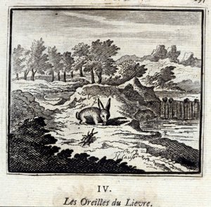 Lievren korvat. Jean de La Fontainen (1621-95) sadut. Kuvitus: François Chauveau (1613-1676). Painos vuodelta 1728. tekijältä Francois Chauveau