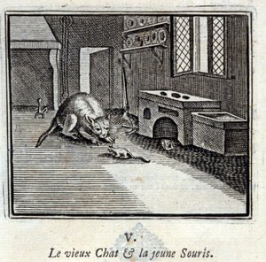 Vanha kissa ja nuori hiiri. Jean de La Fontainen (1621-95) sadut. Kuvitus: François Chauveau (1613-1676). Painos vuodelta 1728.