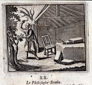 Filosofi Scythe. Jean de La Fontainen (1621-95) sadut. Kuvitus: François Chauveau (1613-1676). Painos vuodelta 1728. tekijältä Francois Chauveau