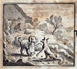 Sairas leijona ja kettu. Jean de La Fontainen (1621-95) sadut. Kuvitus: François Chauveau (1613-1676). Painos vuodelta 1728. tekijältä Francois Chauveau