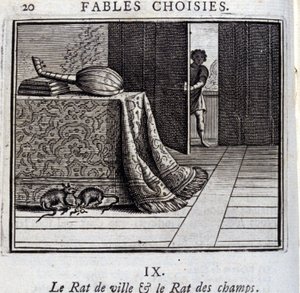 Kaupungin rotta ja kenttärotta. Jean de La Fontainen (1621-95) sadut. Kuvitus: François Chauveau (1613-1676). Painos vuodelta 1728. tekijältä Francois Chauveau