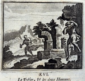 Valtionpetturi ja kaksi miestä. Jean de La Fontainen (1621-95) sadut. Kuvitus: François Chauveau (1613-1676). Painos vuodelta 1728. tekijältä Francois Chauveau