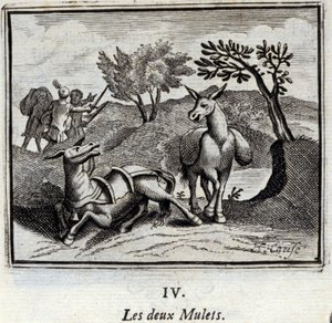 Kaksi muulia. Jean de La Fontainen (1621-95) sadut. Kuvitus: François Chauveau (1613-1676). Painos vuodelta 1728. tekijältä Francois Chauveau