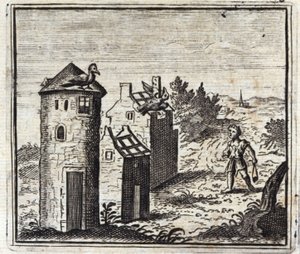 Kaksi kyyhkystä. Jean de La Fontainen (1621-95) sadut. Kuvitus: Francois Chauveau (1613-1676). Painos vuodelta 1728. tekijältä Francois Chauveau