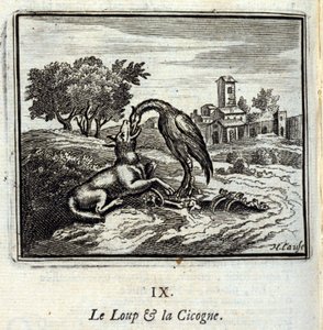 Susi ja haikara. Jean de La Fontainen (1621-95) sadut. Kuvitus: François Chauveau (1613-1676). Painos vuodelta 1728. tekijältä Francois Chauveau