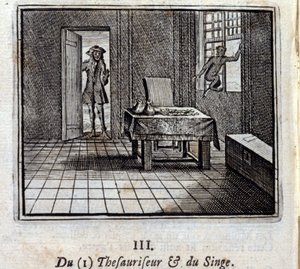 Thesaurizer ja Monkey. Jean de La Fontainen (1621-95) sadut. Kuvitus: Francois Chauveau (1613-1676). Painos vuodelta 1728. tekijältä Francois Chauveau