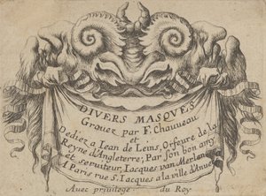 Nimikilpi kahdella satyyripäällä, Divers Masques, n. 1635-45. tekijältä Francois Chauveau