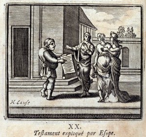 Will selitti Aesop. Jean de La Fontainen (1621-95) sadut. Kuvitus: Francois Chauveau (1613-1676). Painos vuodelta 1728. tekijältä Francois Chauveau