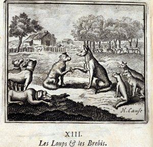 Sudet ja lampaat. Jean de La Fontainen (1621-95) sadut. Kuvitus: Francois Chauveau (1613-1676). Painos vuodelta 1728. tekijältä Francois Chauveau