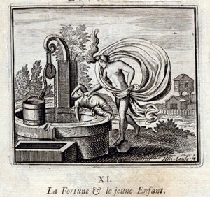 onni ja nuori lapsi. Jean de La Fontainen (1621-95) sadut. Kuvitus: François Chauveau (1613-1676). Painos vuodelta 1728. tekijältä Francois Chauveau