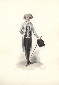 Tyylikäs mies raidallisessa takissa, Marie Antoinetten aikakausi.