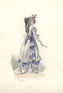 Nainen mekossa, jossa on nauharöyhelöitä, Marie Antoinetten aikakausi.