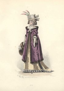 Nainen turkisvuoratussa huputakissa, Marie Antoinetten aikakaudelta.